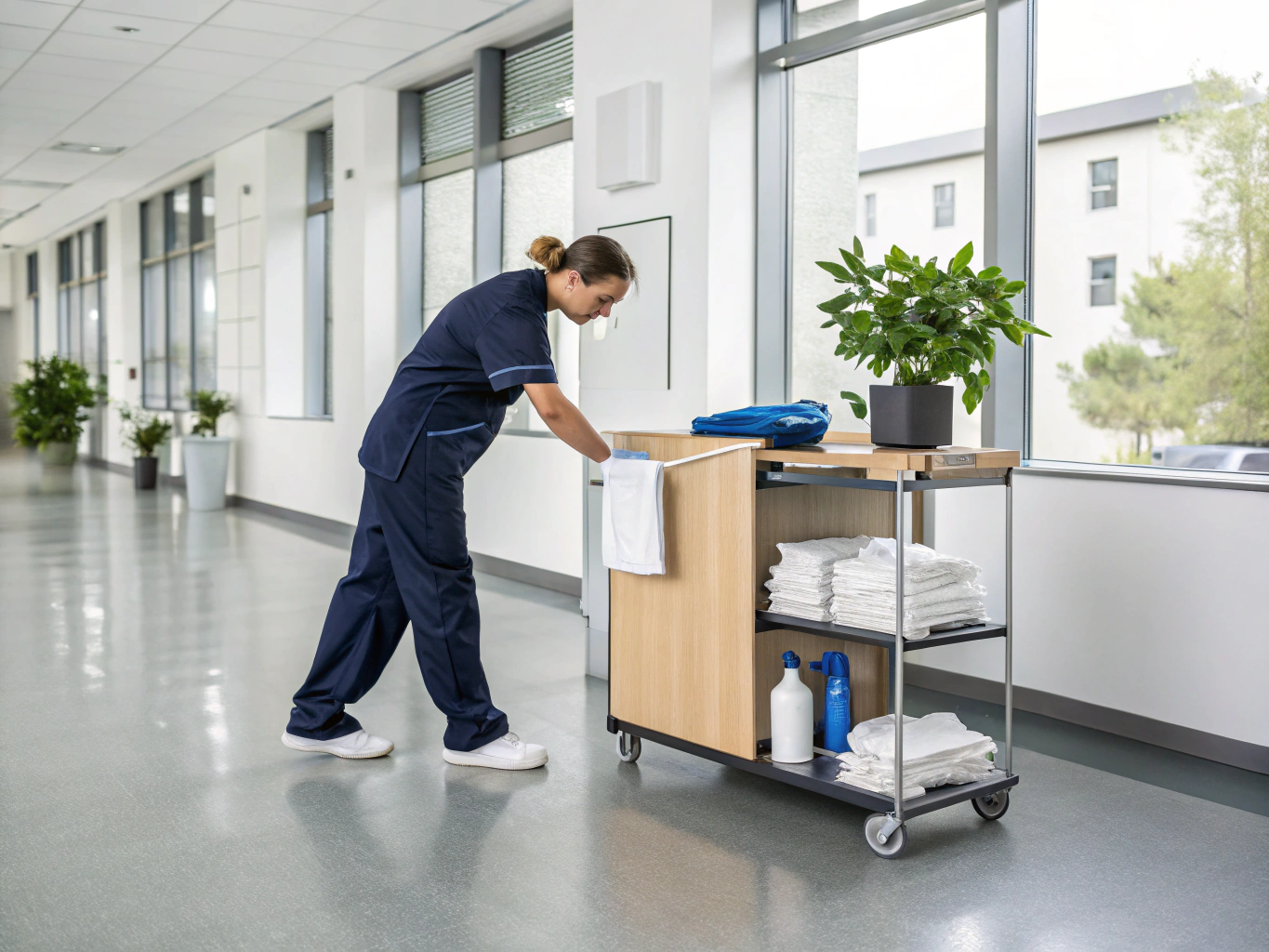 Professionelle Reinigungskraft bei der sorgfältigen Oberflächenreinigung in hellen Räumen